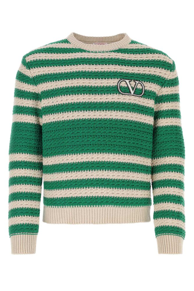 Valentino Logo Crochet Stripe Sweatshirt In Verde Beige