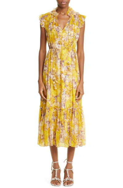Zimmermann High Tide Flutter Sleeve Silk & Linen Midi Dress In Yellow Ikat Floral