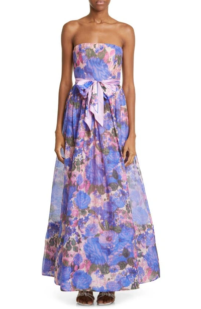 Zimmermann High Tide Belted Floral-print Linen And Silk-blend Midi Dress In Purple