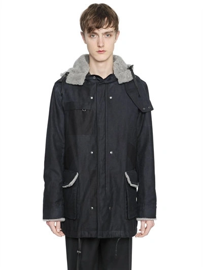 Lanvin Washed Cotton Parka With Shearling, Black/grey | ModeSens