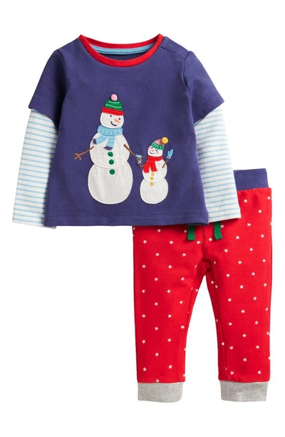 Mini Boden Babies' Snow Family Appliqué Stretch Cotton Sweatshirt & Joggers Set In Starboard Blue Snowmen