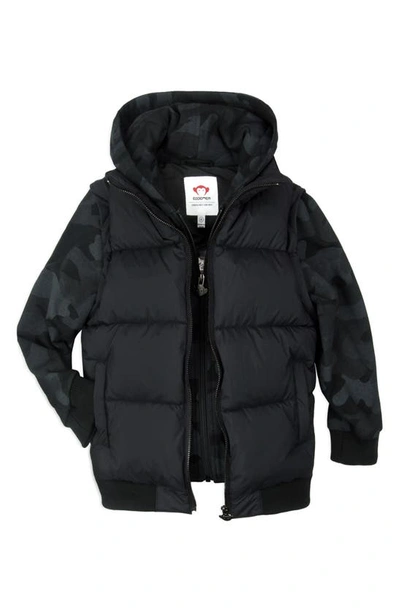 Appaman Kids' Turnstyle Quilted Camo Sleeve Hooded Puffer Jacket In Black Camo