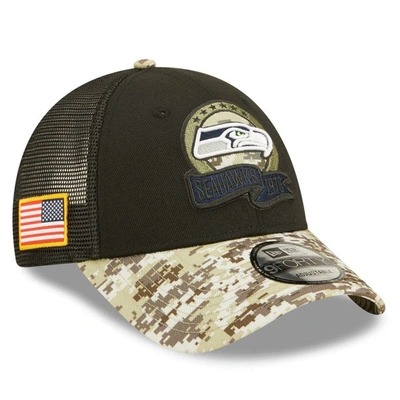 New Era Kids' Big Boys  Black, Camo Seattle Seahawks 2022 Salute To Service 9forty Snapback Trucker Hat In Black,camo