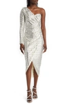 Lulus Elegant Occasion Sequin One-shoulder Long Sleeve Cocktail Dress In Silver