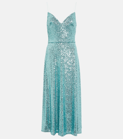 Monique Lhuillier Sequin-embellished Ruched Midi Cocktail Dress In Aquamarine