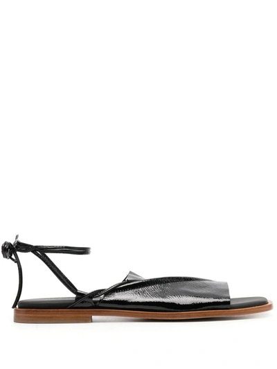 ◆HEREU◆ Clava Sandals Black WFR23CLSH001 WFR23CLSH001SS23 Hereu | Clava Ankle Laced Crinkled Glossy Leather Sandal