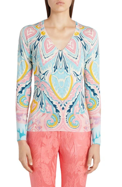 Etro Abstract-print Knit V-neck Top In Light Blue