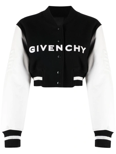 Givenchy Colorblock Cropped Varsity Jacket In Black/white