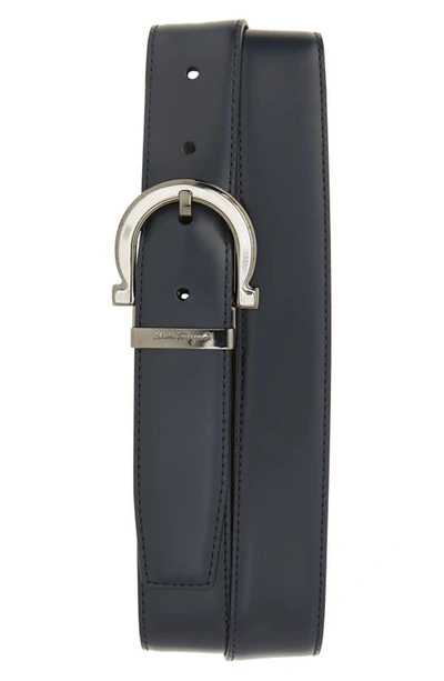 Ferragamo Men's Double Adjustable Gancio Buckle Belt In Blue Marine Nero