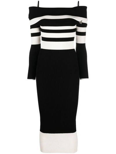 Attico Amalia Striped Off-the-shoulder Knit Midi Dress In Black