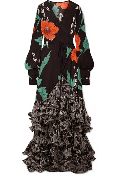 Johanna Ortiz Book Of Tang Ruffled Floral-print Silk-chiffon Wrap Dress In Black