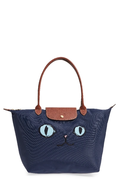 Longchamp Le Pliage Miaou Cat Large Shoulder Tote Bag In Blue Navy