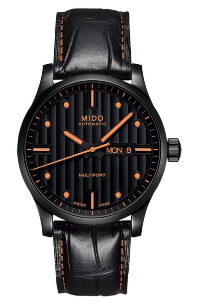 Mido Multifort Automatic Leather Strap Watch, 42mm In Black/ Orange