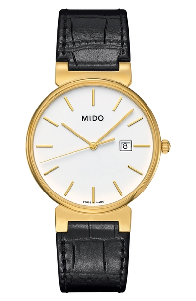 Mido Dorada Leather Strap Watch, 38mm In Black/ White/ Gold