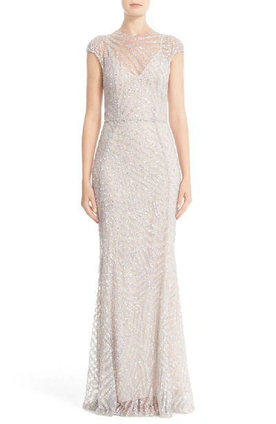 Rachel Gilbert Hand Embellished Cap Sleeve Mermaid Gown In Silver