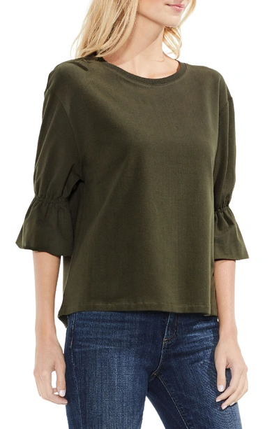 Vince Camuto Smocked Elbow Sleeve French Terry Top In Legion Green