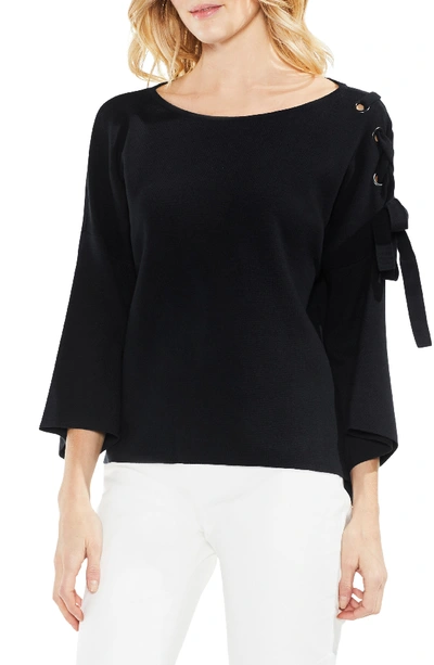 Vince Camuto Lace-up Bell Sleeve Sweater In Rich Black