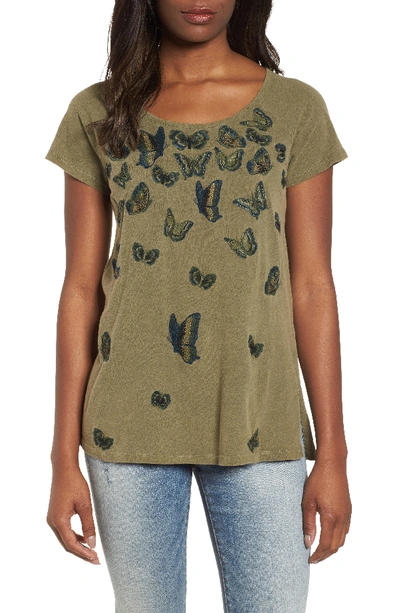 Lucky Brand Cotton Embroidered Butterfly T-shirt In Dark Olive