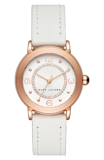 Marc Jacobs Riley Leather Strap Watch, 29mm In White/ Rose Gold