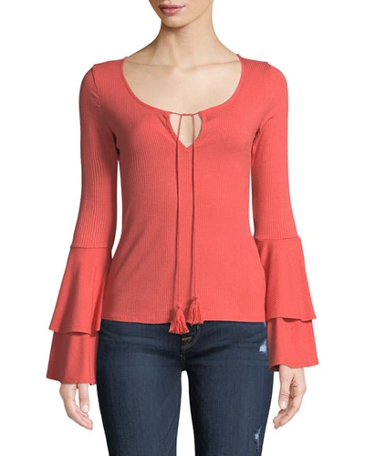 Band Of Gypsies Ribbed Bell-sleeve Top In Coral