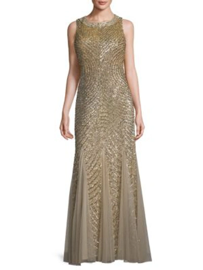 Aidan Mattox Embellished Circle-back Godet Gown In Light Gold