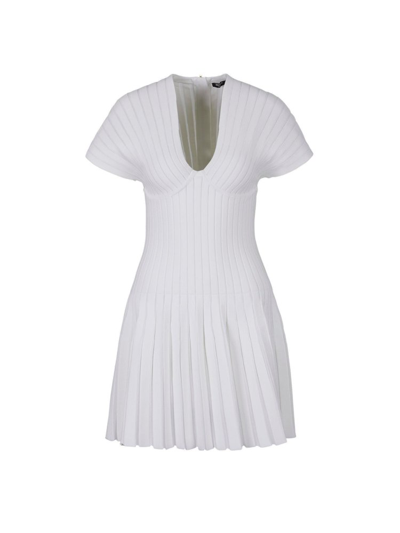 Balmain Pleated Mesh Mini Dress In White