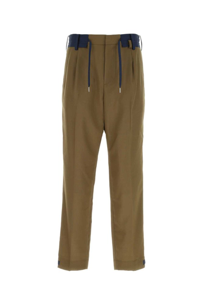 Sacai Drawstring Pleat Detailed Trousers In Brown