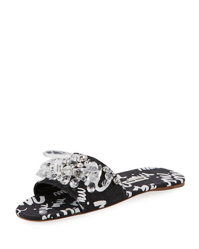 Miu Miu Crystal Beaded Denim Logo Flat Slide Sandal In Black