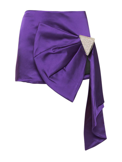 Area Draped Bow Satin Mini Skirt In Purple