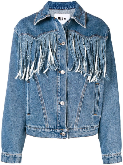 Msgm Fringed Cotton Denim Jacket In Blue