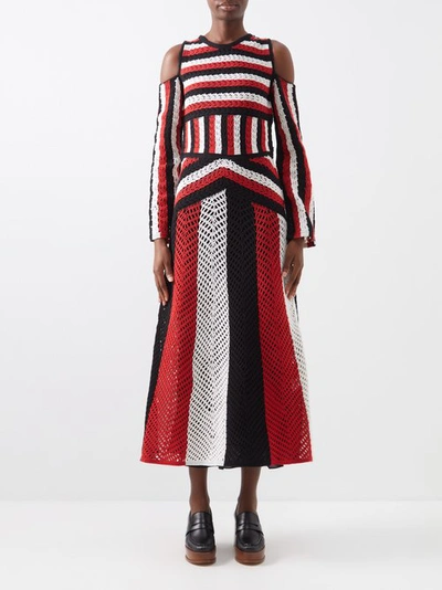 Gabriela Hearst Carr Cold-shoulder Striped Crochet-knit Merino Wool Maxi Dress In Red