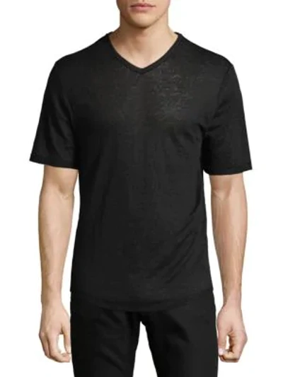 Vince Raw Edge V-neck Linen T-shirt In Black