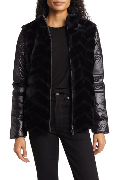 Via Spiga Zip Front Faux Fur Puffer Jacket In Black