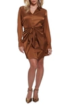 Guess Alya Long Sleeve Mini Shirtdress In Brown Leaf