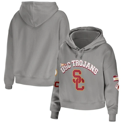 Wear By Erin Andrews Grey Usc Trojans Mixed Media Cropped Pullover Hoodie
