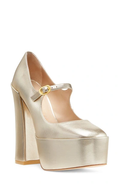 Stuart Weitzman Skyhigh Metallic Mary Jane Platform Pumps In Platino