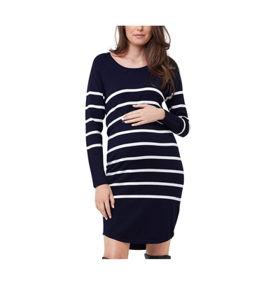 Ripe Maternity Valerie Stripe Long Sleeve Tunic Maternity Sweater Dress In Black Ecru