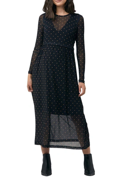 Ripe Maternity Dot Pattern Long Sleeve Maternity Dress In Black