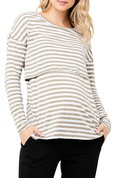 Ripe Maternity Lionel Stripe Long Sleeve Maternity/nursing T-shirt In Olive White