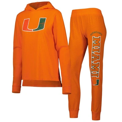Concepts Sport Women's  Orange Distressed Miami Hurricanes Long Sleeve Hoodie T-shirt And Pants Sleep