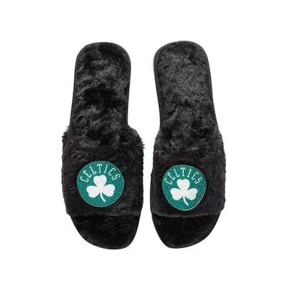 Foco Black Boston Celtics Rhinestone Fuzzy Slippers