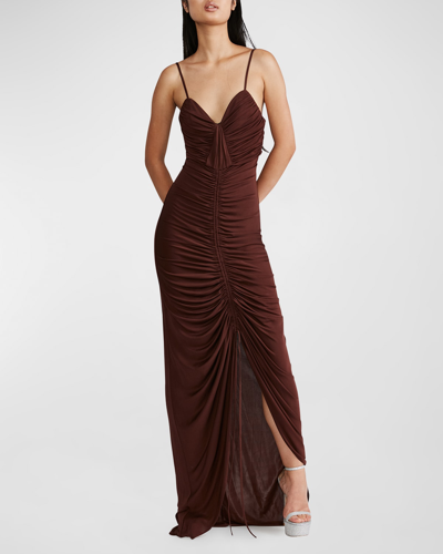 Zac Posen Sleeveless Ruched Matte Jersey Gown In Brown