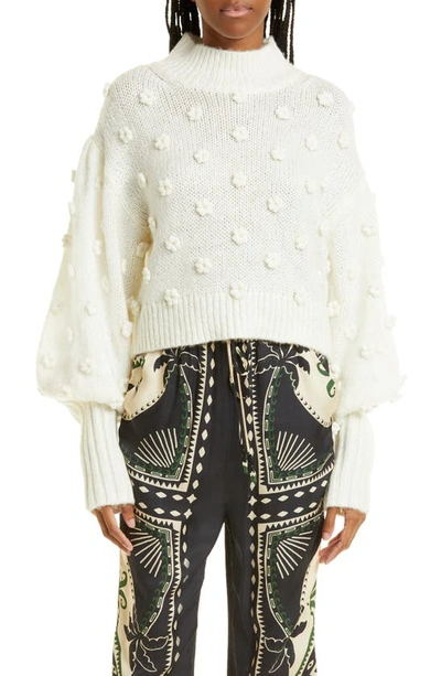 Farm Rio Floral Applique Lantern-sleeve Sweater In Off White