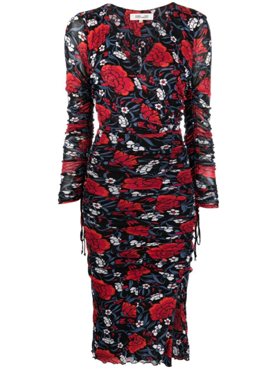 Diane Von Furstenberg Rochelle Ruched Floral-print Midi Dress In Psion Flr Md Fb F