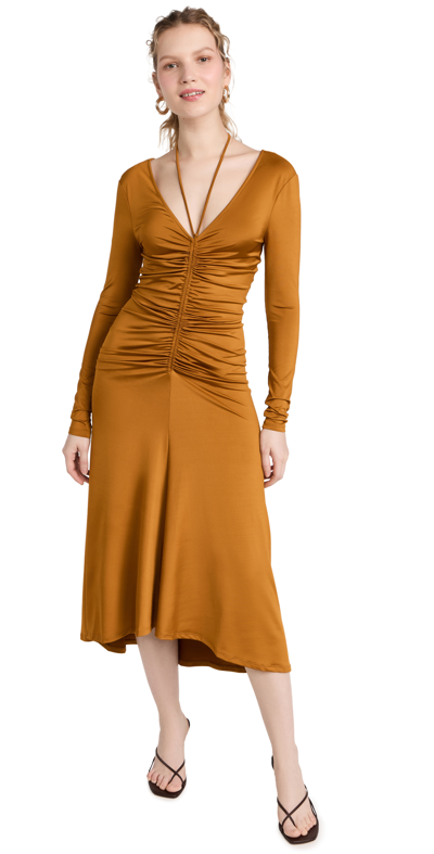 Veronica Beard Gilbert Ruched V-neck Midi Dress In Antique Gold