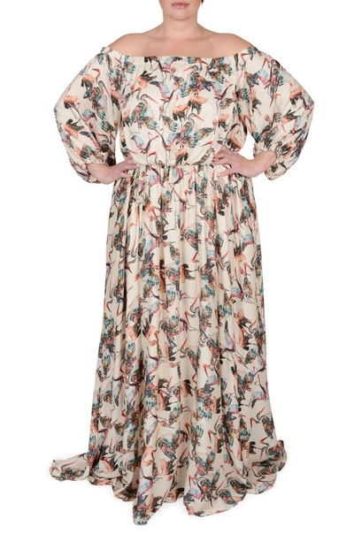 Mayes Nyc Eddy Off-shoulder Bird-print Maxi Dress In Crane Print