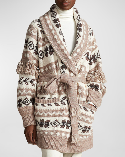 Polo Ralph Lauren Geo-motif Wool-blend Shawl Cardigan In Cream Multi