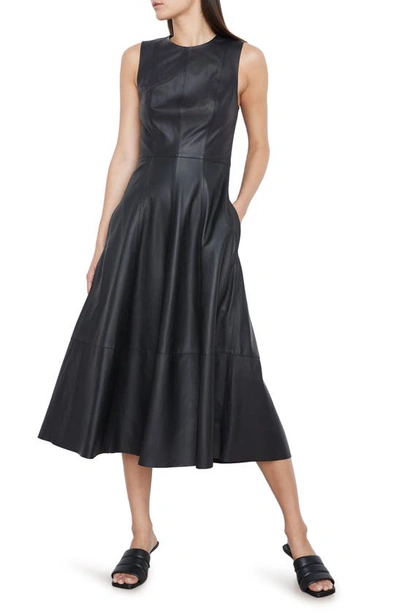 Vince Leather Sleeveless Midi A-line Dress In Black