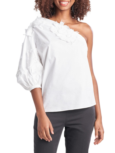 Natori One-shoulder Puff-sleeve Applique Top In White