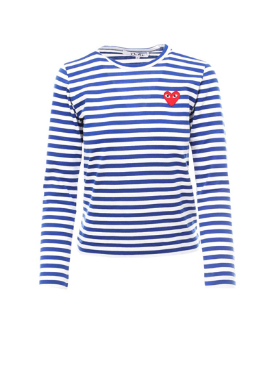 Comme Des Garçons Play Striped Cotton Red Heart Tee In Navy/white